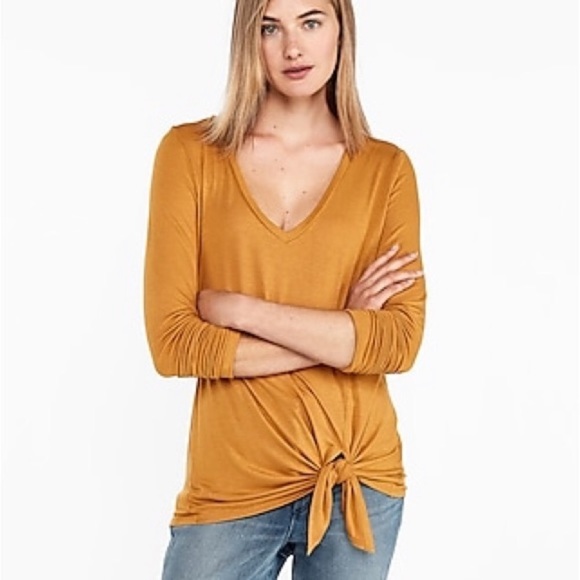EXPRESS One Eleven Tie Front Long Sleeved Top Mustard Gold - Picture 7 of 7